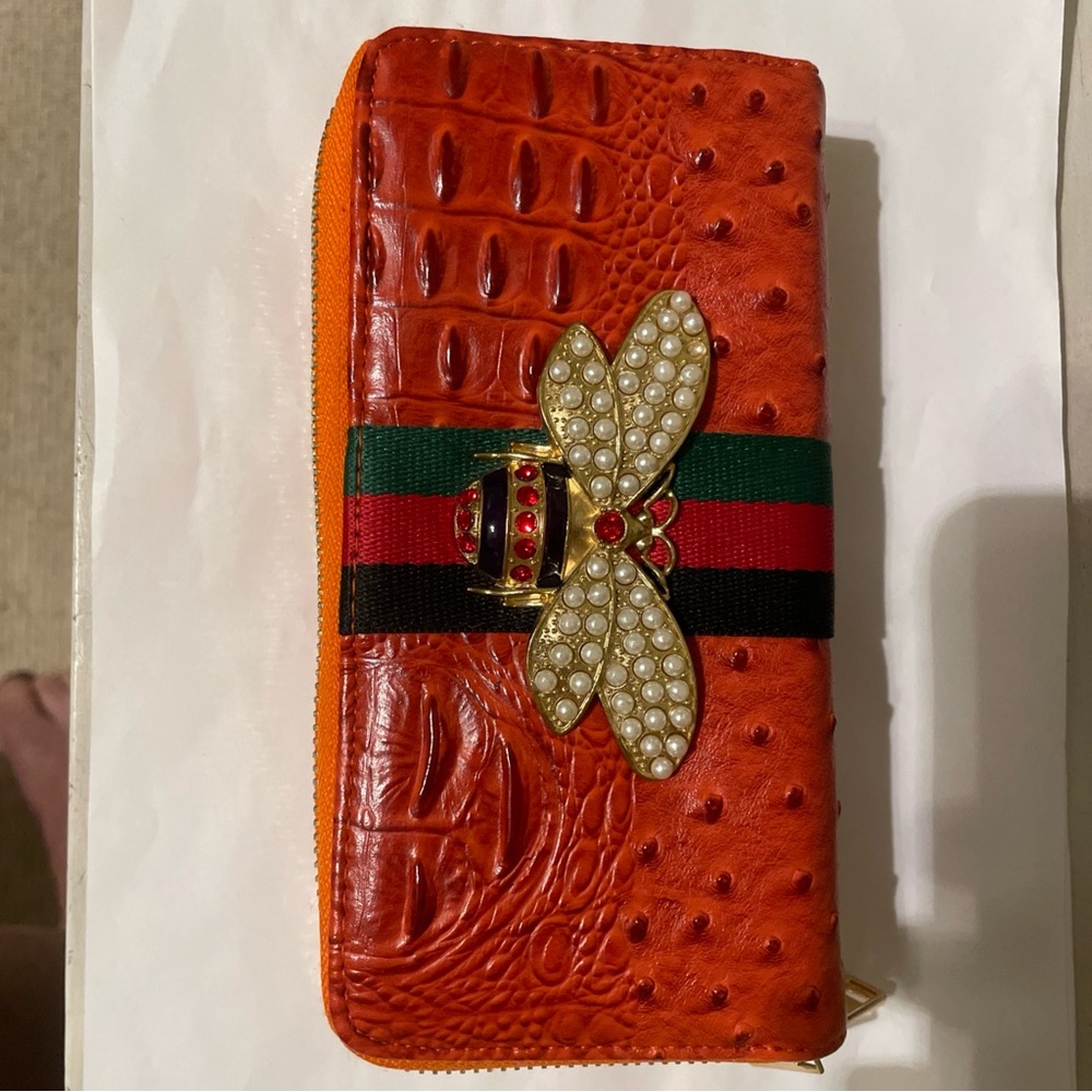Queen Bee Orange Embossed Wallet with Pearl Bee Accent